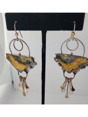 Earrings Bumble Bee Jasper Triangle Stone Circle Half Dome Gold Accent Jewelry